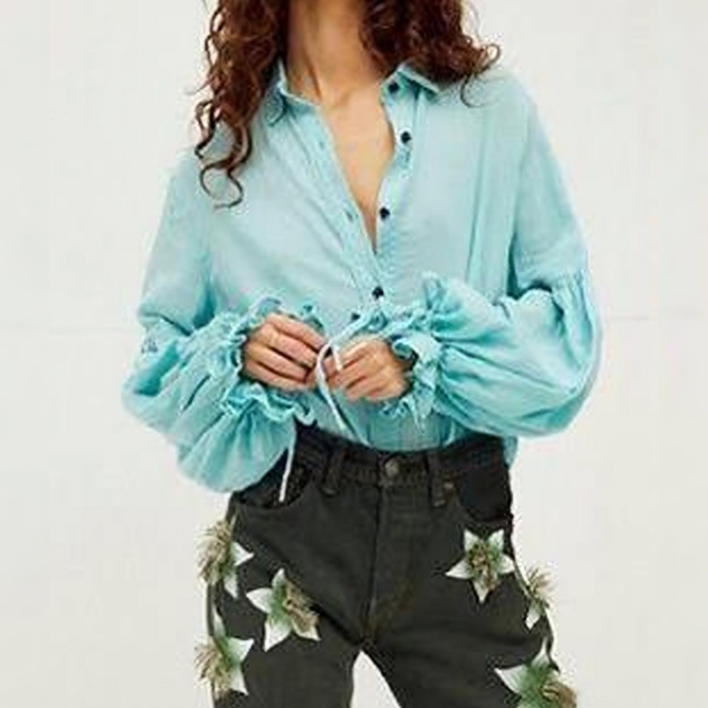 Free People We The Free Call You Mine Button‎ Front Top Turquoise Women's Medium